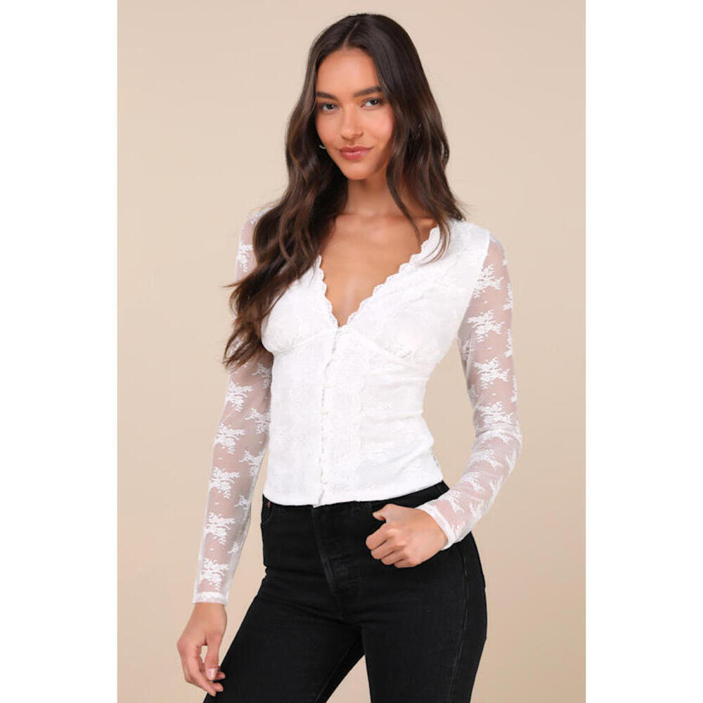 Lulus Decadently Sweet White Lace Sheer Back Long Sleeve Top - Size M